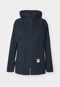 Navy waterproof jacket with a hood, zip front, and two flap pockets. Features adjustable drawstrings and logo tag at the bottom left.