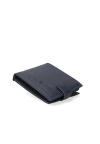 Portafoglio in pelle blu navy con forma rettangolare, caratterizzato da una patta frontale e un logo impresso. Superficie testurizzata con dettagli di cucitura minimi.
