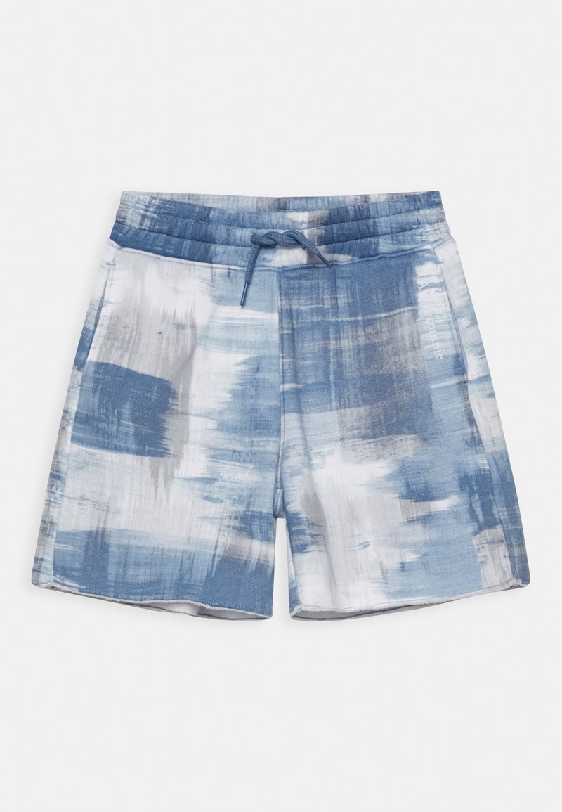 Calções com padrão horizontal azul e branco, com cintura elástica, cordão ajustável e bolsos laterais. Tecido suave e leve.