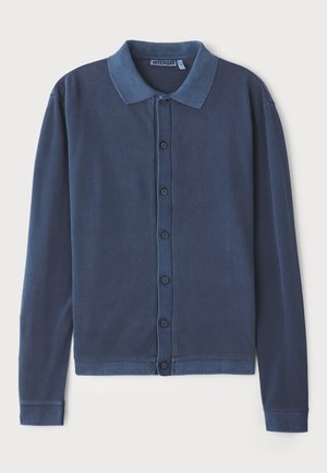 Marineblå langærmet cardigan med knaplukning, krave og ribbede manchetter, lavet af blødt, struktureret stof.