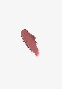 Smudged mauve lipstick swatch with creamy texture on a white background.