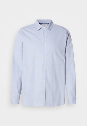 Light blue long-sleeve button-up shirt with small checkered pattern, classic collar, and white buttons down the front.