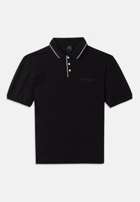Svart polo-skjorte laget av bomull med krage, tre knapper, hvite detaljer og en subtil logo foran. Korte ermer.