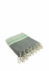 Geweven grijze katoenen deken met groene en witte strepen, voorzien van franjes en een gestructureerde afwerking.