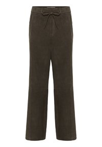 Bruine leren wijde broek met een trekkoord in de taille, voorzien van een soepele textuur en verticale naaddetails langs de benen.