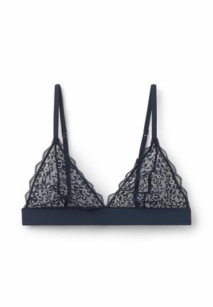 Bralette in pizzo blu navy con coppe triangolari, motivi floreali e fascia solida. Spalline regolabili migliorano vestibilità e comfort.