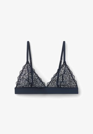 Bralette in pizzo blu navy con coppe triangolari, motivi floreali e fascia solida. Spalline regolabili migliorano vestibilità e comfort.