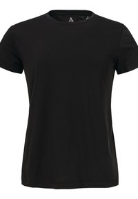 Schwarzes T-Shirt mit kurzen Ärmeln aus Baumwolle. Es hat einen klassischen Rundhalsausschnitt, einen geraden Saum und eine glatte Textur. Keine Muster oder Verzierungen.