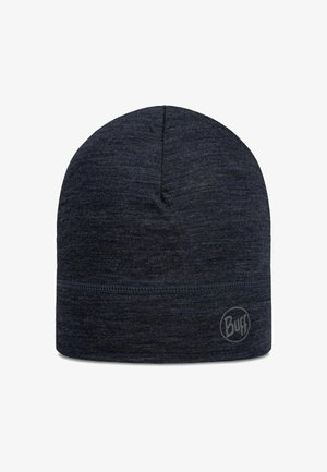 Dark gray beanie made of textured fabric. Features a snug fit, a turned-up hem, and a circular Buff logo on the side.