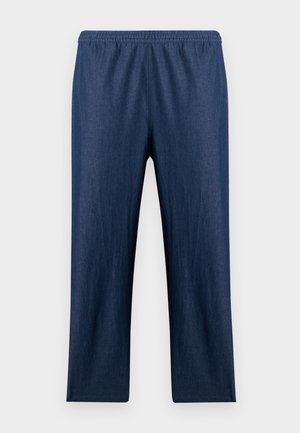 Pantalon droit en denim bleu foncé avec taille élastique, sans poches visibles ni ornements, présenté sur un fond blanc.