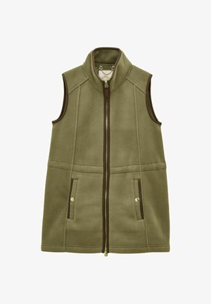 Olivgrüne ärmellose Fleece-Weste mit Frontreißverschluss, hohem Kragen, zwei Fronttaschen mit Druckknöpfen und braunen Besatzdetails.