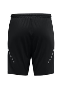 Zwarte sportshorts van lichtgewicht stof, met een elastische tailleband en reflecterende stippen langs de zijkanten voor zichtbaarheid.