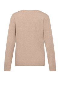 Beiger Strickpullover mit langen Ärmeln, Rundhalsausschnitt sowie gerippten Bündchen und Saum. Verfügt über eine glatte Textur und ein schlichtes Design.