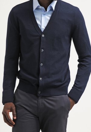 Cardigan lavorato a maglia blu navy con scollo a V, sei bottoni e polsini a coste. Abbinato a una camicia azzurro chiaro e pantaloni scuri. Tessuto liscio.