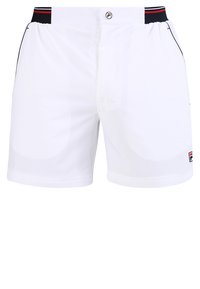 Pantaloni sportivi bianchi con un elastico in vita nero e rosso, tasche frontali e un logo Fila sul lato inferiore destro. Tessuto dalla superficie liscia.