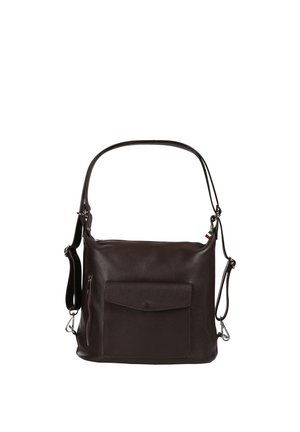 Donkere bruine lederen schoudertas met voorvak met klep, verstelbare riem en een klein Italiaans vlaggetje aan de ritssluiting.