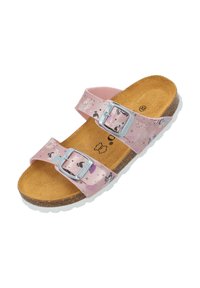 Rosa sandal med dubbla remmar och silverfärgad spänne, mönstrad med illustrationer på en slät ovandel. Korkfodrad sula och vit gummisula.