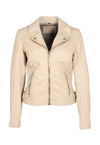 Licht beige leren motorjack met ritssluiting aan de voorkant en zijzakken, voorzien van een brede revers en een gladde textuur. Opvallende metalen hardware-accenten.