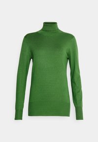 Grüner Rollkragenpullover aus glattem Strickstoff. Figurbetonte Form mit langen Ärmeln, geripptem Kragen, Bündchen und Saum. Keine Muster oder Akzente.