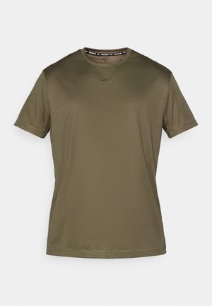 Olivgrünes T-Shirt mit kurzen Ärmeln aus glattem Stoff. Es hat einen Rundhalsausschnitt und ein dezentes Logo auf der Brust, mit einem schlichten, klaren Design.