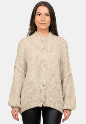 Beige knitted cardigan with a high collar, button closure, and oversized sleeves. Ribbed texture and horizontal stitching detail.