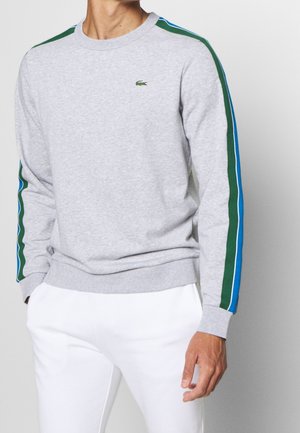 Felpa grigia con strisce laterali verdi e blu, collo tondo e polsini a costine; presenta un piccolo logo sul petto.