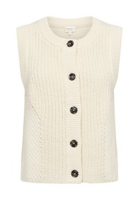 Gebreid mouwloos vest in off-white, met een ronde halslijn, vijf zwarte knopen aan de voorkant en een textuur van geribbelde patronen.