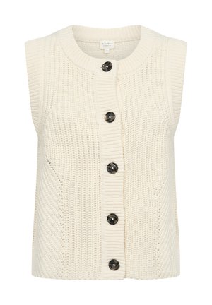 Knit sleeveless vest in off-white, featuring a round neckline, five black buttons down the front, and textured ribbed patterns.