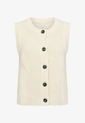 Knit sleeveless vest in off-white, featuring a round neckline, five black buttons down the front, and textured ribbed patterns.