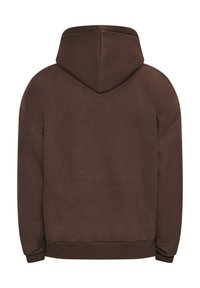 Brauner Kapuzenpullover mit glatter Textur, lockerer Passform und gerippten Bündchen am Saum. Einfache Gestaltung ohne sichtbare Logos oder Muster.