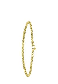 Gouden kettingarmband met onderling verbonden ovaalvormige schakels, een gepolijste afwerking en een lobster claw sluiting voor een veilige sluiting.