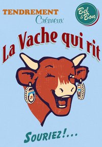 Ilustrace červené krávy s bílým obličejem, která nosí náušnice. Text v červené a zelené barvě na světle modrém pozadí. Logo značky v pravém horním rohu.