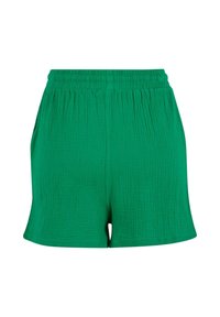 Shorts verts en tissu froissé. Taille élastique, coupe ample et poches latérales. Texture lisse avec une couleur vive.