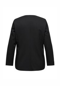 Čierne sako s dlhými rukávmi, prispôsobeným strihom, hladkou textúrou a štruktúrovaným dizajnom zadnej časti. Má minimálne prešívanie a žiadne viditeľné kovové prvky.