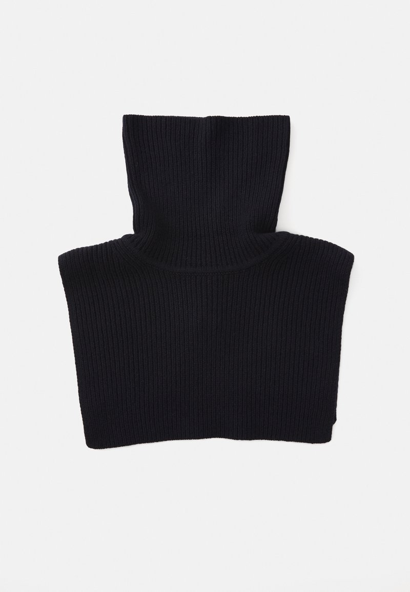 Black ribbed turtleneck sweater with a high collar, featuring a textured fabric and a fitted shape. Simple design without embellishments.