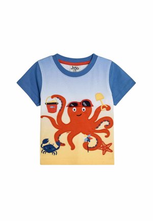Kurzarm-T-Shirt in Blau und Gelb, mit einem orangefarbenen Oktopus-Design mit Sonnenbrille, einem Krebs und Strandspielzeug. Aus weichem Baumwollstoff.