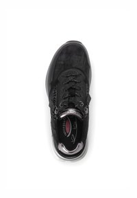 Black sneaker with a suede upper, textured accents, metallic eyelets, and a cushioned sole. Features black laces and a logo on the insole.
