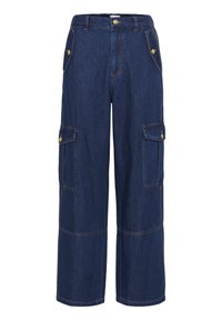 Pantalones cargo de denim en azul oscuro con un corte holgado, dos bolsillos laterales y detalles de botones, con costuras contrastantes.