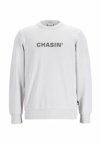 Sudadera gris de manga larga, con puños y dobladillo acanalados, que presenta un gran logo "CHASIN'" en el pecho. Textura de tela suave.