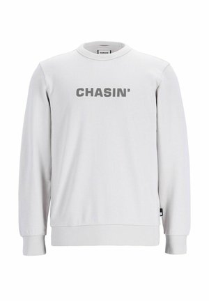 Grå sweatshirt med långa ärmar, ribbade mudd och nederkant, med en stor "CHASIN'"-logotyp över bröstet. Slät tygtextur.