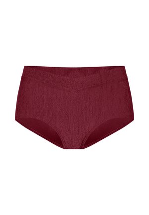 Culotte taille haute bordeaux en tissu texturé, dotée d'une ceinture lisse et de côtés sans couture pour un confort accru.