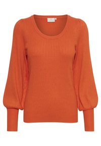 Maglione arancione a coste con scollo rotondo, maniche lunghe a sbuffo e polsini aderenti. Spessore medio, texture morbida con una finitura liscia.
