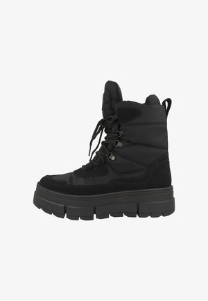 Schwarze Stiefel mit gepolsterter Gestaltung, Schnürverschluss, robuster Sohle und strukturierten Akzenten. Hergestellt aus synthetischen Materialien mit hohem Schaft.