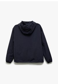 Mörkblå lättviktsjacka med huva, elastiska ärmslut och en enkel, slät textur. Designen är avslappnad och utan prydnader på ryggen.