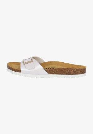 Slide sandal with a white synthetic strap and silver buckle, cork footbed, and a white rubber outsole. Soft texture, open-toe design.