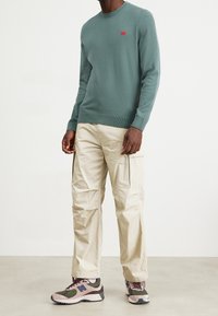 Grön tröja med rund halsringning och en liten röd logotyp, tillsammans med beige cargobyxor med sidofickor och sneakers i grått, rosa och grönt.