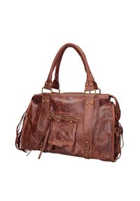 Borsa a mano in pelle marrone con hardware dorato, due manici corti, una tasca anteriore con zip e frange laterali. Superficie testurizzata con un design robusto.