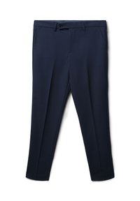 Marineblaue Hose mit Streifenmuster, aus einem glatten Stoff gefertigt. Verfügt über seitliche Taschen und einen Knopfverschluss an der Taille.