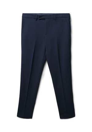 Marineblaue Hose mit Streifenmuster, aus einem glatten Stoff gefertigt. Verfügt über seitliche Taschen und einen Knopfverschluss an der Taille.
