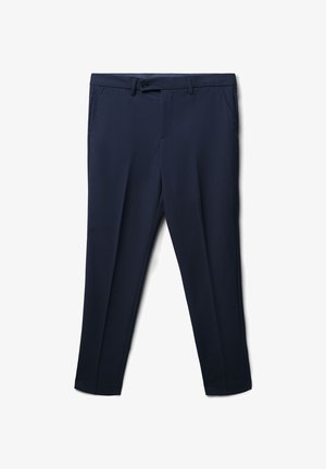 Pantaloni blu navy con motivo a righe sottili, realizzati in un tessuto liscio. Presentano tasche laterali e una chiusura con bottone in vita.